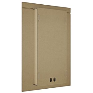 Tall kraft cardboard cabinet with a front access panel and two round bottom openings.