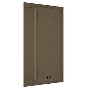 Brown metal wall-mounted electrical enclosure with a full-height door, side hinges, and three circular ventilation holes at the bottom.