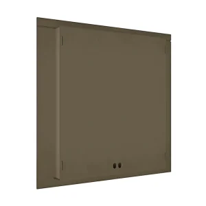 Brown metal wall cabinet door with hinges and two small circular cutouts at the bottom.