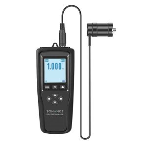Sonance DG-1 depth gauge handheld device with blue backlit display and attached long cylindrical depth probe.