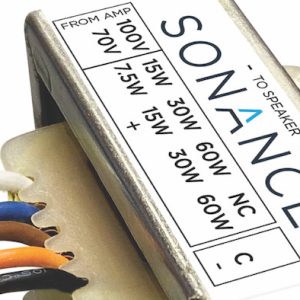 Sonance audio transformer with multiple colored wires, metal enclosure, labeled FROM AMP TO SPEAKER and wattage options.