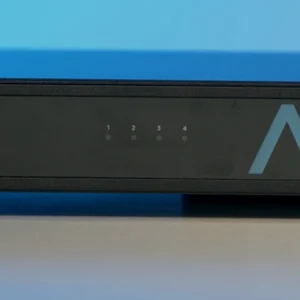Sonance rack-mount eight-channel audio amplifier with blue A-shaped logo and status indicators.