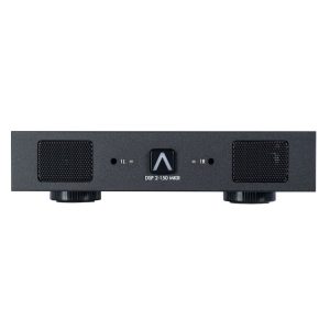 Front panel of a DSP 2-150 MKIII stereo amplifier with two speaker grills, central A-logo, and control knobs.
