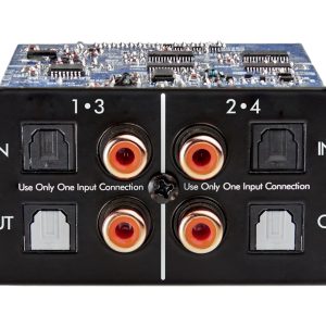 Dual-channel AV switch panel featuring four RCA connectors and IN/OUT ports for two channels, labeled 1–3 and 2–4.