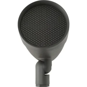 Black circular microphone capsule with perforated grille on a short mounting stem.