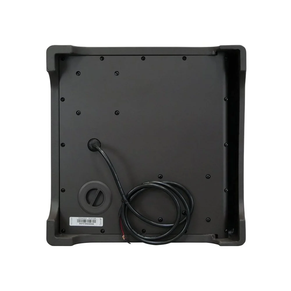 Sonance Hs12T Sub Hardscape Sub Back view of a square led panel with black power cable, circular grommet, barcode label, and screw-fastened plate.