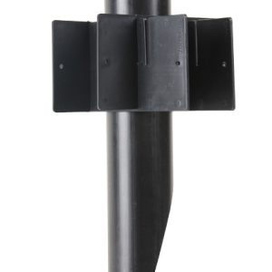 Black plastic garden sprinkler head on a tall stake with a screw-cap top and three rectangular middle blocks.