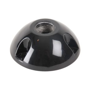 A black metal dome-shaped acorn nut cap with internal threading.