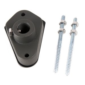 Black mounting bracket with central threaded bore and two mounting holes, accompanied by two long bolts with nuts.