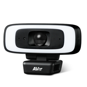 AVer webcam with white outer frame, central lens, and adjustable black stand.