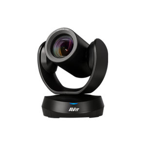 AVer PTZ video conferencing camera on a curved dual-arm mount with a blue status LED on a black base.