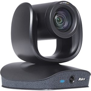 AVer 12x zoom 4K conference camera on a curved pedestal base.
