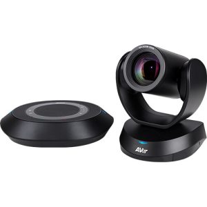 Aver conference camera with 6x zoom lens on a curved pedestal and a separate round speakerphone base