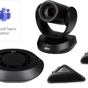 AVer video conferencing system with PTZ camera, round speakerphone, two triangular microphones; Microsoft Teams edition.