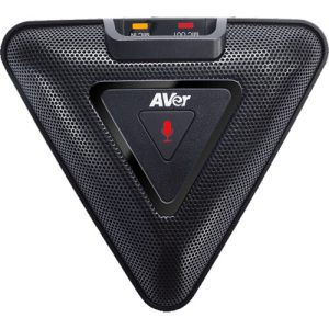 AVer triangular conference microphone with perforated grille and red microphone icon on center panel