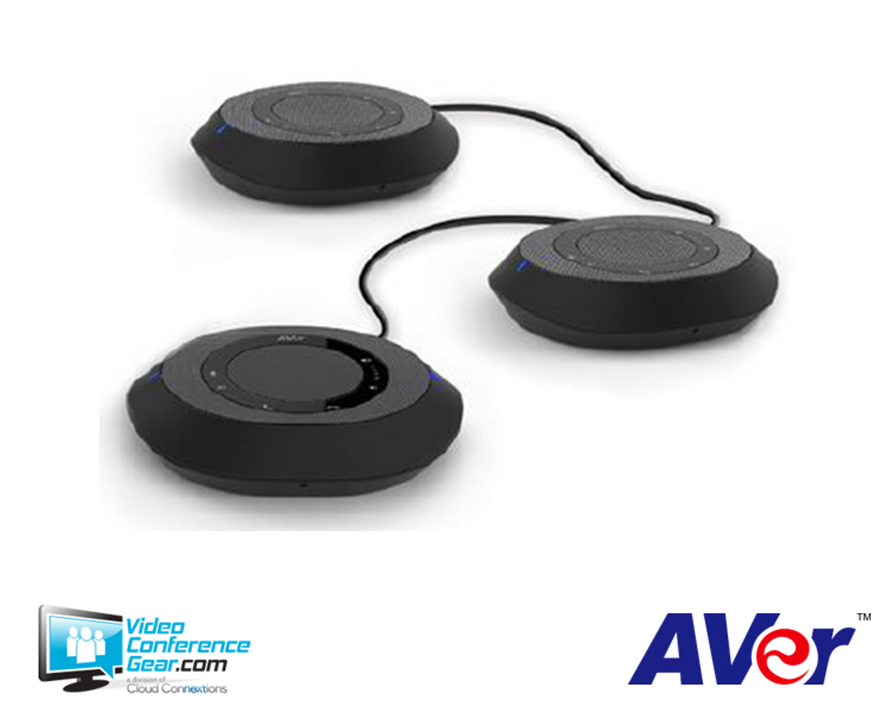 Aver Vc520Pro Aver conference speakerphone system with three circular units connected by cables.