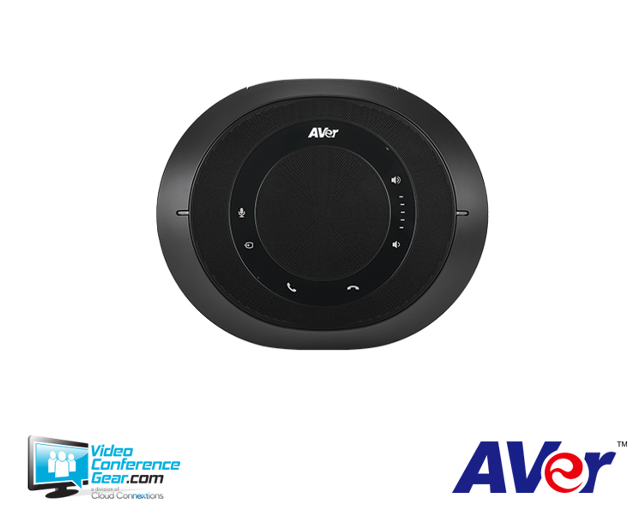 Aver Vc520Pro Aver round conference speakerphone with built-in microphone and circular control icons around the central speaker grille.