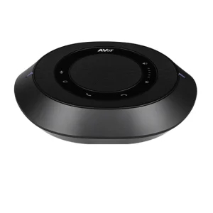 AVer conference speakerphone with round black top and silver-gray base.