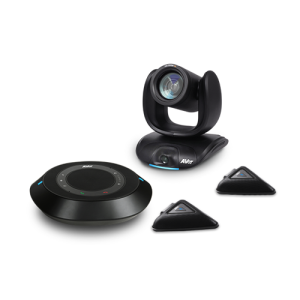 AVer video conference system with PTZ camera, circular speakerphone base, and two triangular microphone pods.