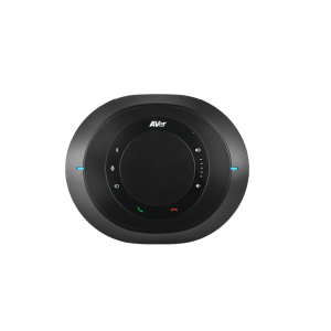 AVer conference speakerphone in circular black design with surrounding control icons, blue side indicators, and front green/red call buttons.