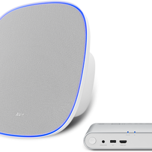 AVer conference speakerphone with gray fabric grille and blue illuminated edge, next to a white AVer control unit with ports