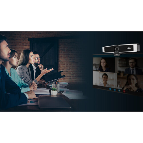Aver Vb130 Aver video conferencing camera bar mounted on top of a monitor during a team video conference
