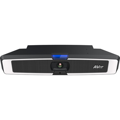 Aver Vb130 Aver projector with central lens, black body and white trim, blue indicator light