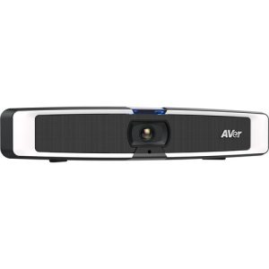 AVer projector with central lens, white body and black front grille