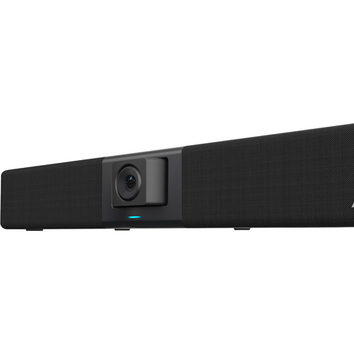 Aver Vb342 Pro Black soundbar with center-mounted built-in camera and blue led indicator.