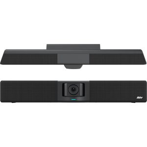 AVer video conferencing soundbar with built-in camera, centered lens, and microphone array, black with blue status light.