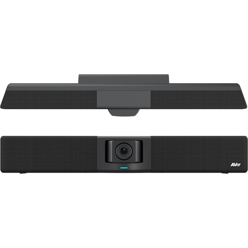 Aver Vb342 Pro Aver video conferencing soundbar with built-in camera, centered lens, and microphone array, black with blue status light.