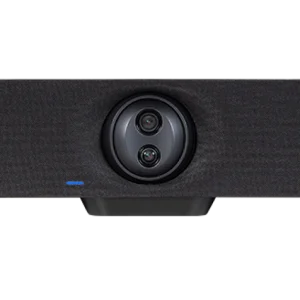AVer video bar with dual-lens circular camera in center, fabric-covered bar, brand logo on the right