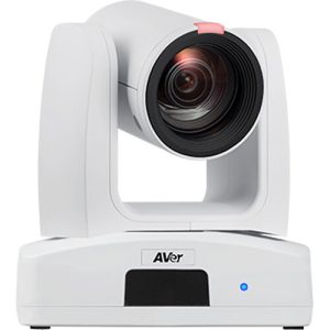 AVer white PTZ conference camera with large lens on a rounded base and blue status LED.