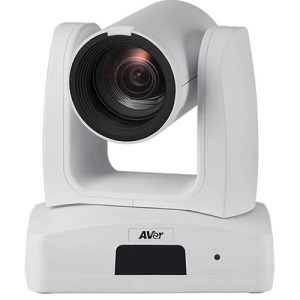 AVer white PTZ video camera with a large lens on a U-shaped mount and pedestal base.