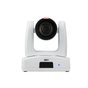 AVer white PTZ video camera with U-shaped mount and blue status light