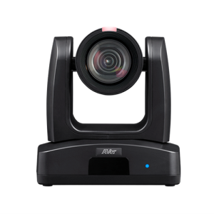 AVer PTZ videoconferencing camera on a black base with a central zoom lens and blue status light.
