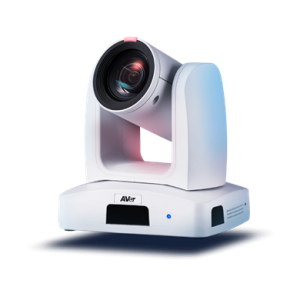 AVer PTZ video conferencing camera with white curved mount and prominent lens.