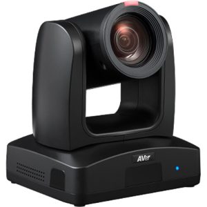 AVer PTZ video conference camera on a black base with lens, red indicator, and blue LED.