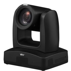 AVer PTZ video conference camera on a black pedestal base with a large front lens.