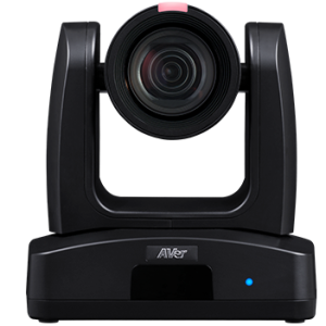 AVer PTZ camera on a black base with a prominent lens and blue status LED.