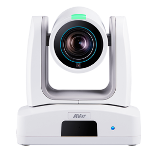 AVer white PTZ camera on a base with circular lens and green indicator light.