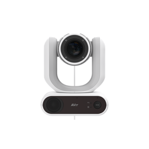 AVer video conferencing camera with motorized U-shaped gimbal and built-in speakerphone base.