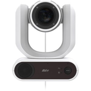 AVer video conferencing camera on a white U-shaped mount with a built-in speaker on a rounded base.