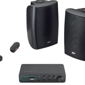 AVer desktop wireless conference speaker system with two black speakers, mic pods, and a control unit