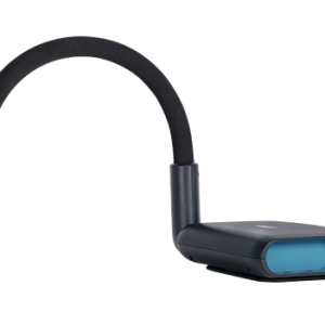 Wireless neckband headset with a padded curved band, left-side control module, and blue-accent earbud housing.