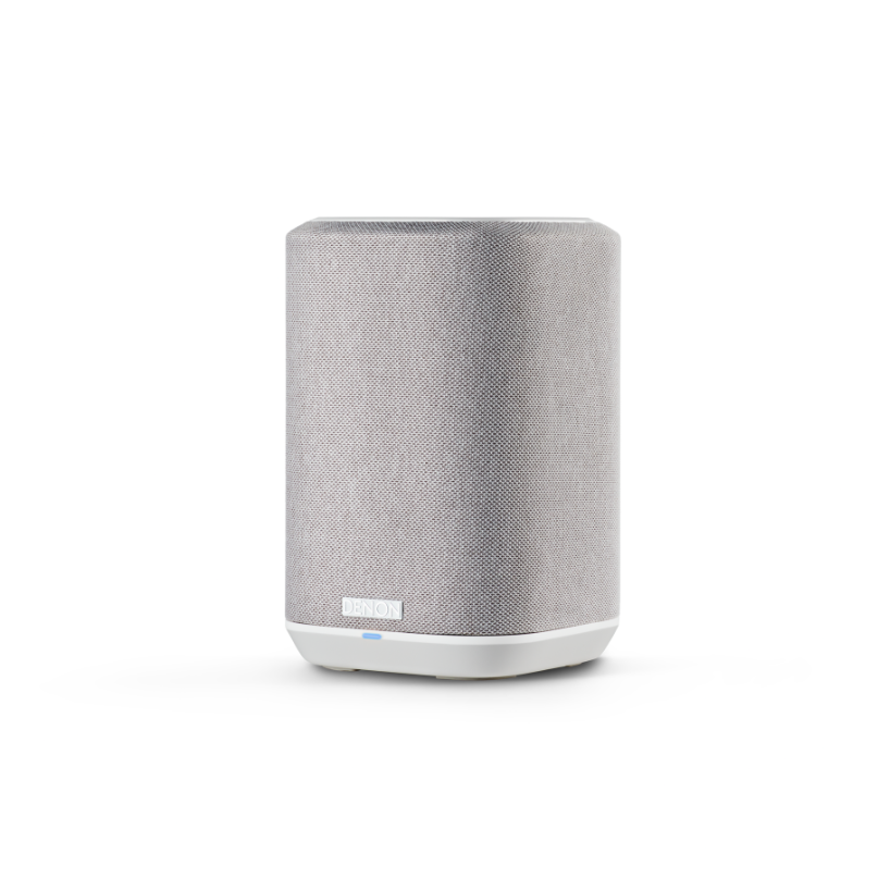Denon Home 150 Nv Compact Speaker Denon wireless speaker with a gray fabric grille and a white rounded base.