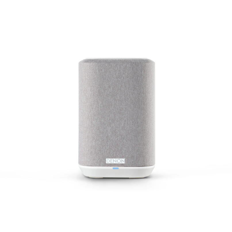 Denon Home 150 Nv Compact Speaker Denon wireless smart speaker with gray fabric grille and white base.