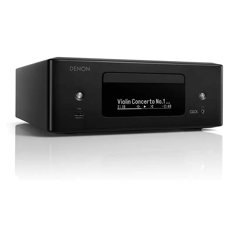 Denon Ceol Rcd-N12Dab Denon cd player with front usb port, black enclosure and centered display.