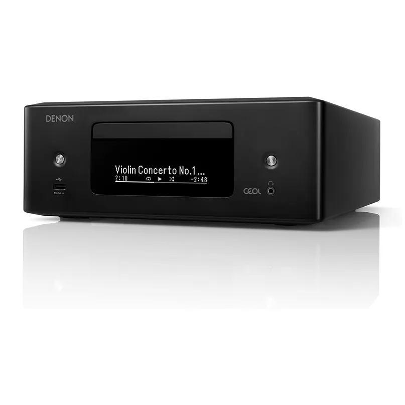 Denon Ceol Rcd-N12Dab Denon ceol compact network music player in black with central display and front control knobs.