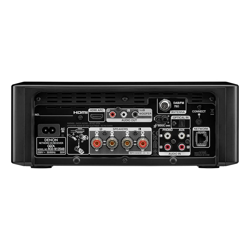 Denon Ceol Rcd-N12Dab Denon network cd receiver back panel featuring hdmi arc, analog audio outputs, speaker terminals, optical input, and ethernet network port.